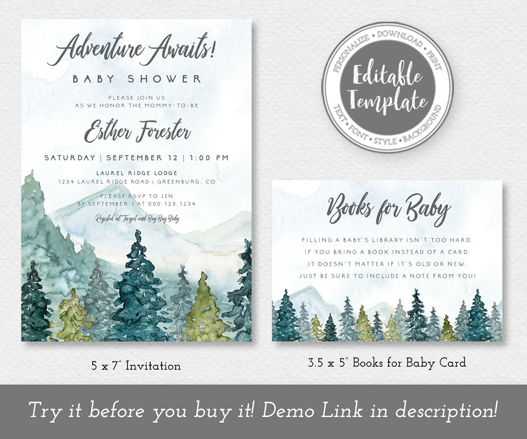 Adventure awaits mountains and forest baby shower invitation templates.