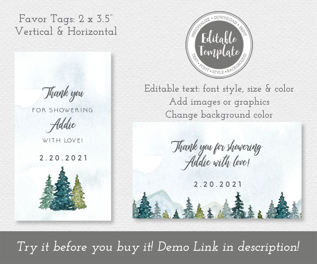 Adventure forest and mountains baby shower favor tag templates, portrait and landscape.