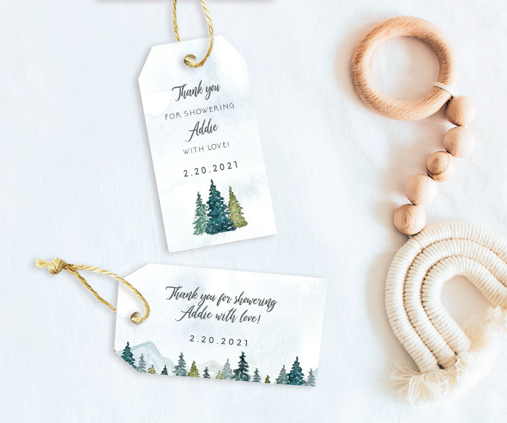 Adventure forest and mountains baby shower favor tags.