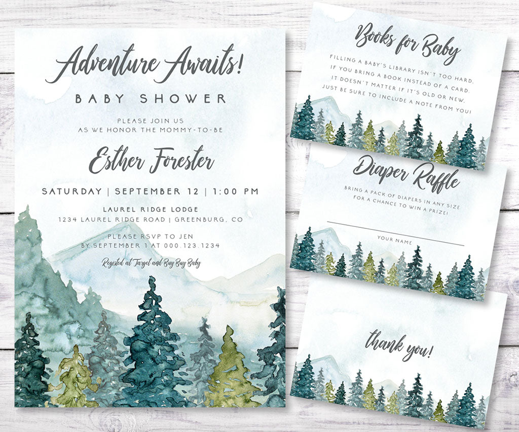 Adventure forest and mountains baby shower invitation set: invitation, book request card, diaper raffle and thank you card.