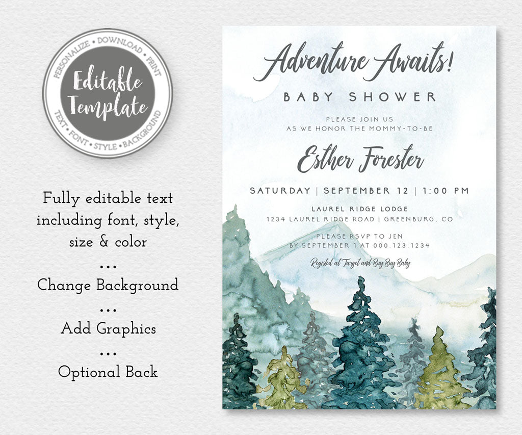 Adventure Awaits forest and mountains baby shower invitation template.