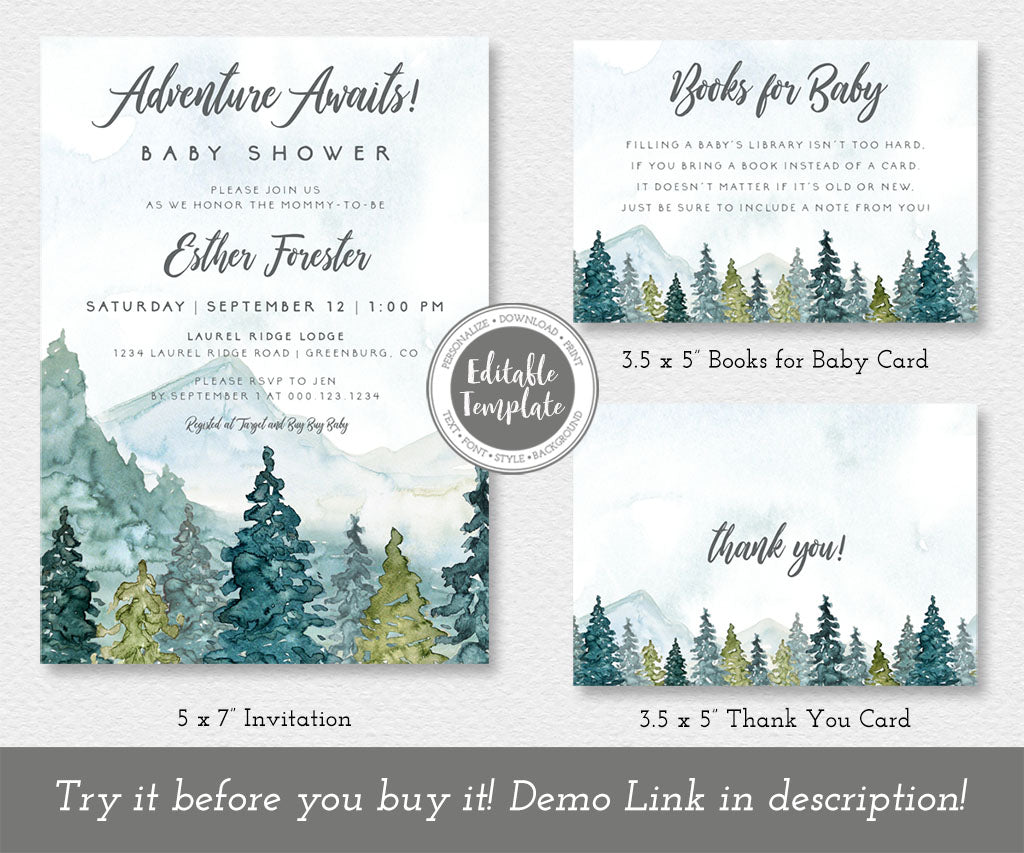 Adventure Awaits, forest and mountains baby shower invitation template set.