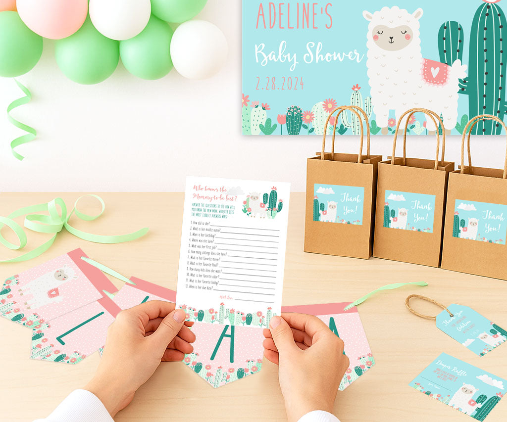 Baby shower printables with personalized bags and decorations, including a llama and cactus theme.