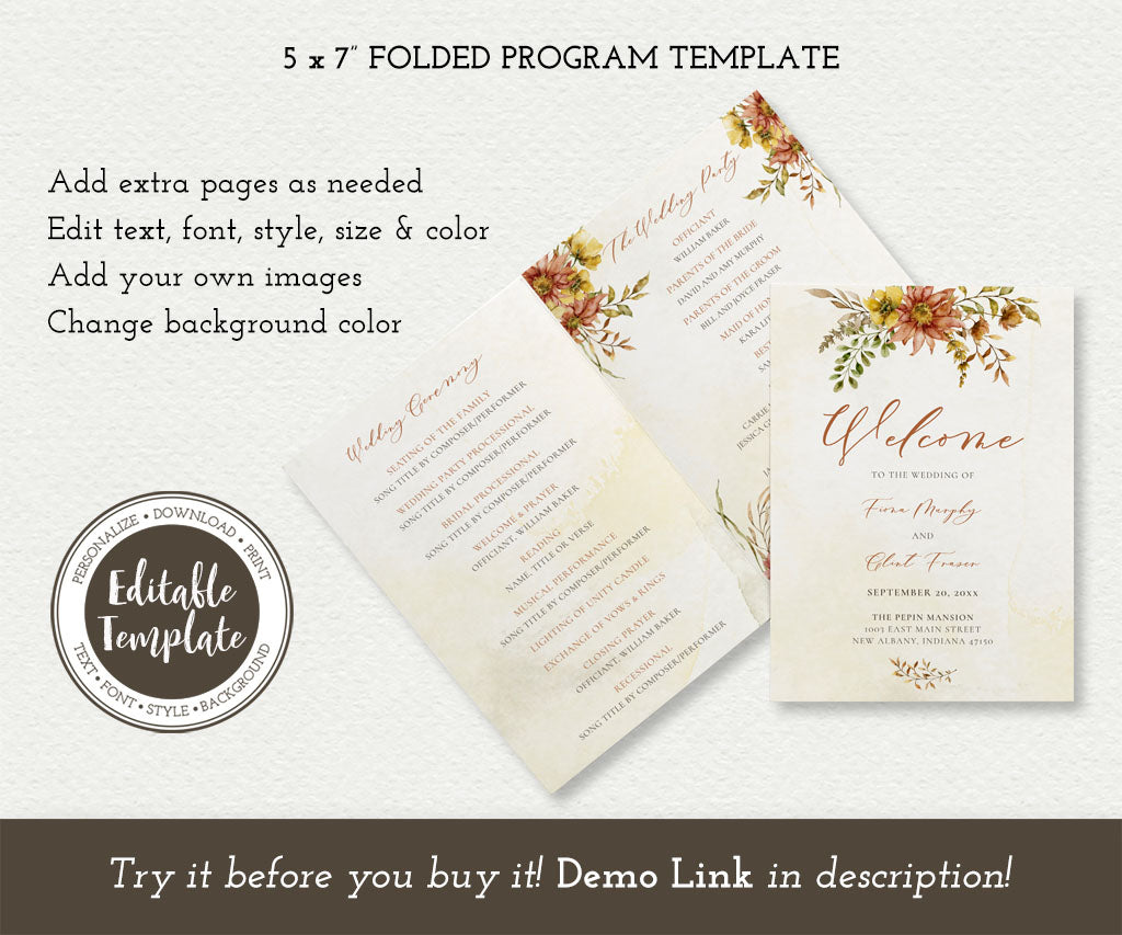 Autumn floral folded wedding program editable template.