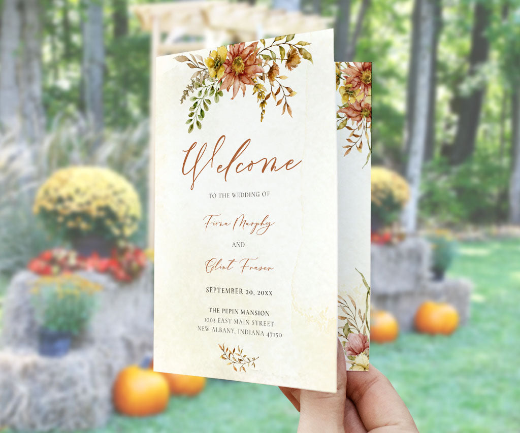 Autumn floral folded wedding program.