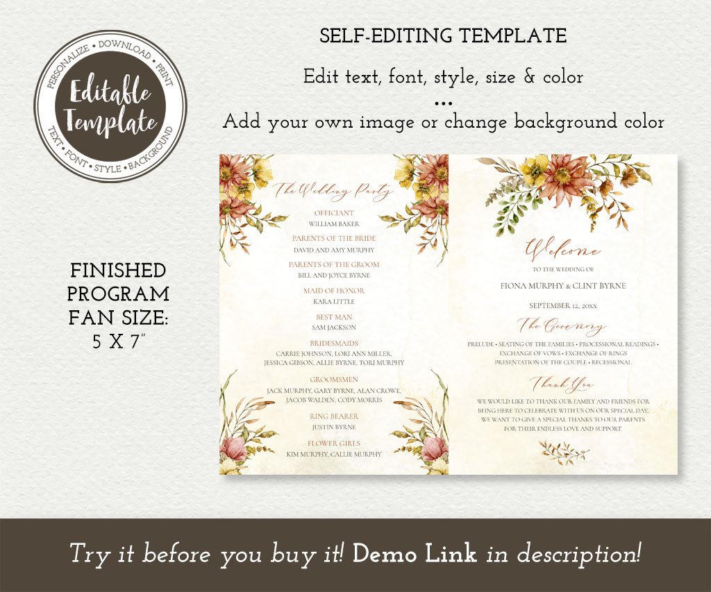 Autumn floral wedding program fan editable template.