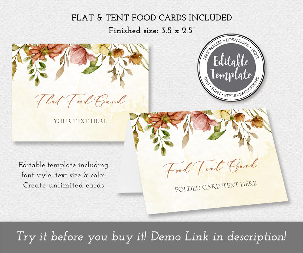 Autumn flowers and leaves, wedding or shower flat and folded buffet food card templates.