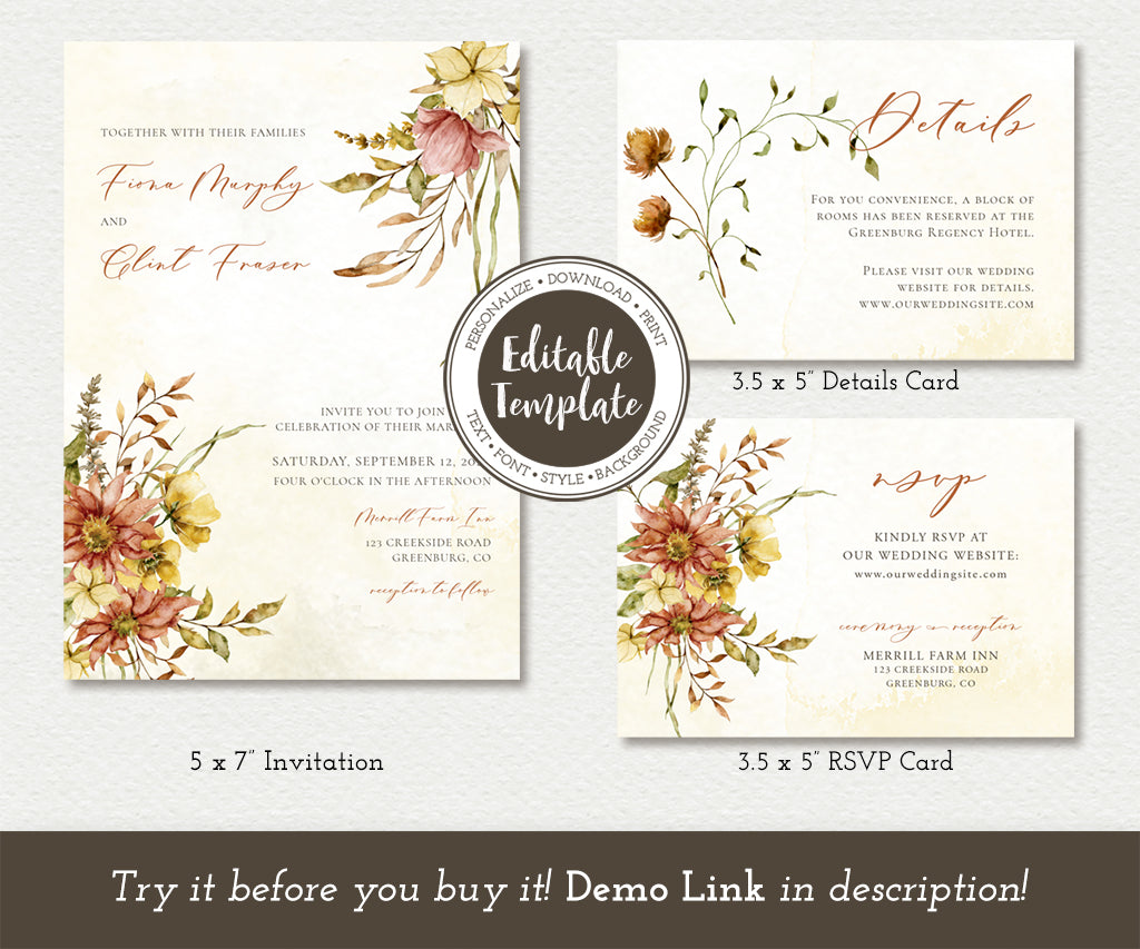 Autumn wedding invitation, RSVP, Details Cards editable templates.