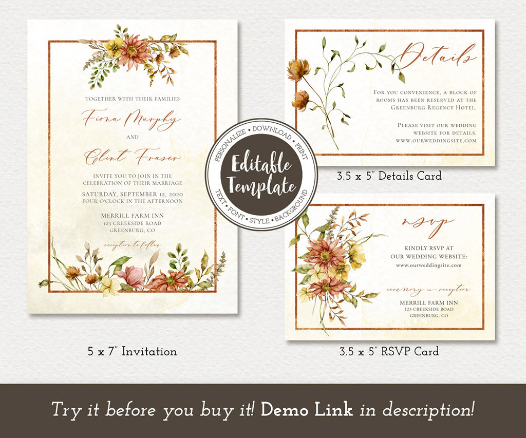 Autumn wedding invitation suite including invitation, RSVP card, Details Card with rust and gold flowers, editable templates.