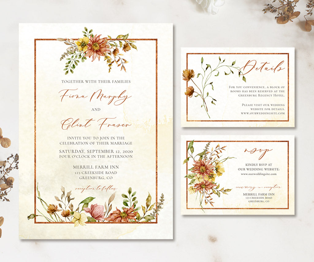 Autumn wedding invitation suite including invitation, RSVP card, Details Card with rust and gold flowers.