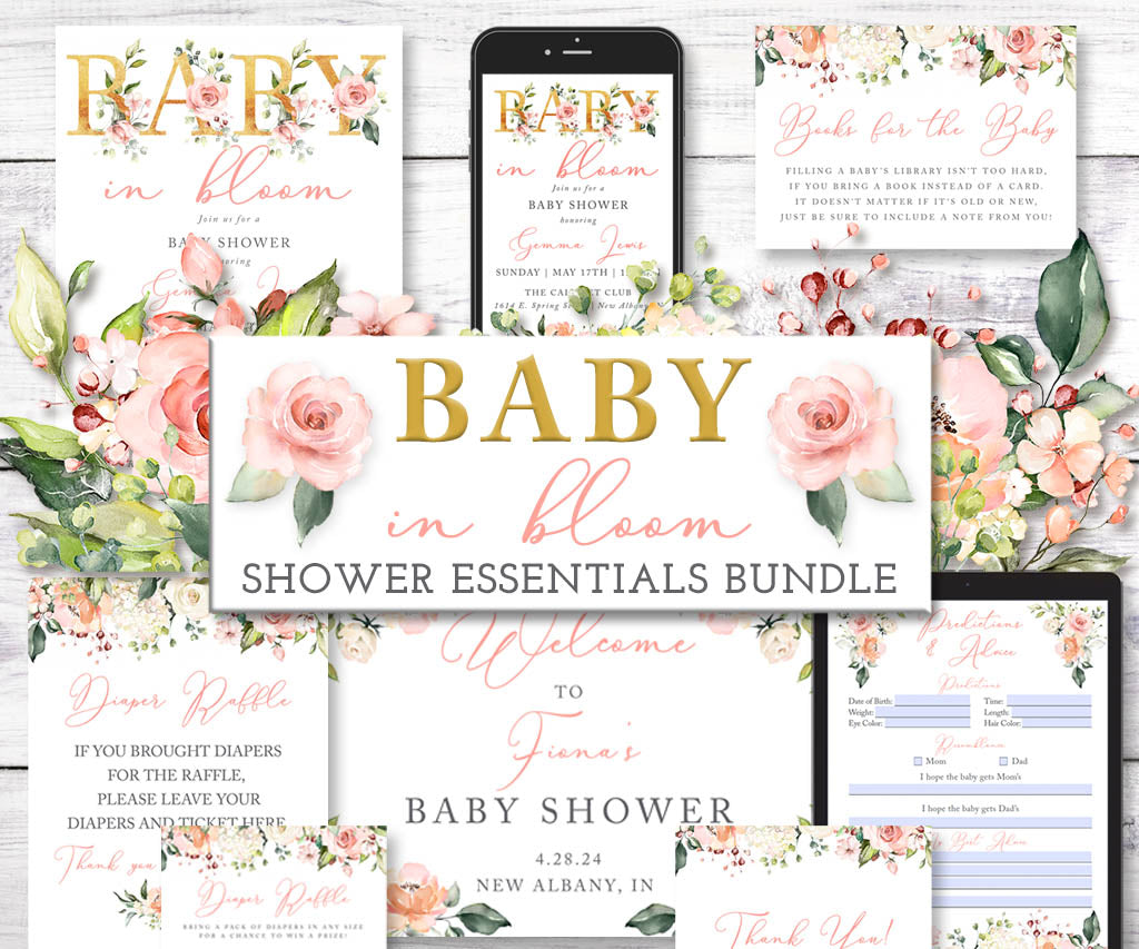 Baby in Bloom baby shower essentials bundle with floral invitation, evite, thank you card, games, and matching printables in blush and peach.