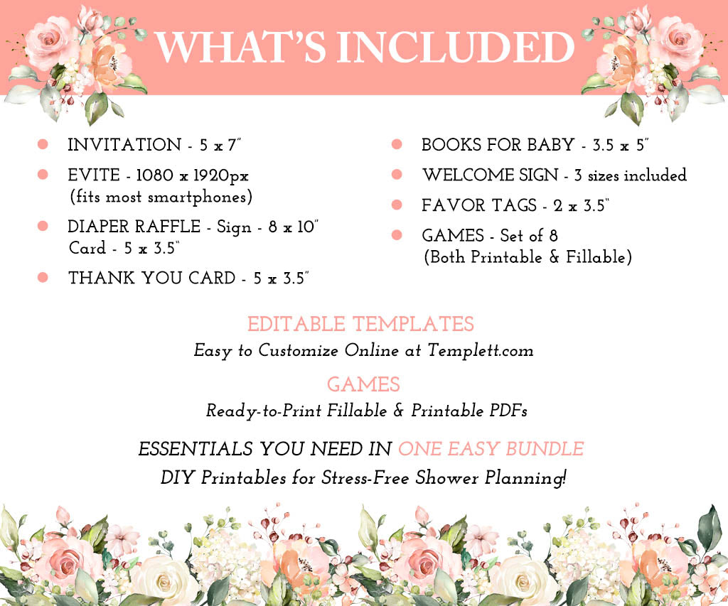 List of items in Baby in Bloom baby shower essentials bundle with invitation, signs, cards, games, and floral accents.