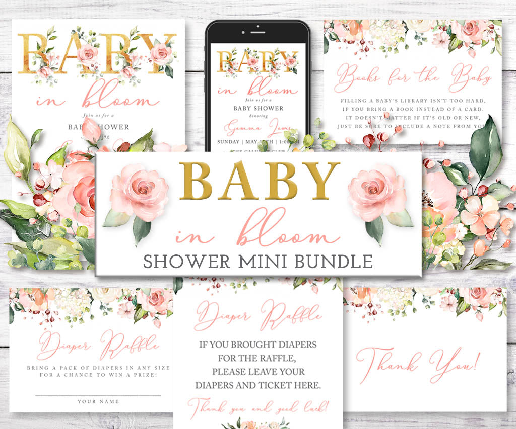 Baby in Bloom baby shower invitation mini bundle with floral designs including invite, evite on smartphone, thank you card, diaper raffle, and books for baby card.