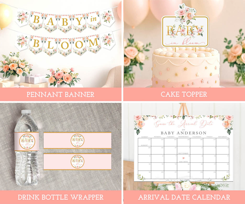 Collection of Baby in Bloom baby shower decorations including a pennant banner, cake topper, drink bottle wrapper, and arrival date calendar.
