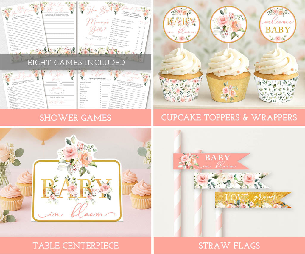 Baby in Bloom baby shower party package with games, cupcake toppers, wrappers, centerpiece, and straw flags in a floral design.