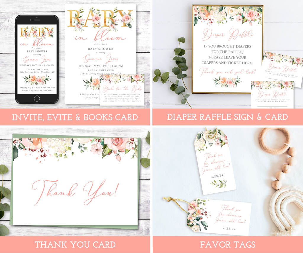 Collection of baby shower invitations, raffle sign, thank you card, and favor tags with floral designs for baby in bloom baby shower printable bundle.