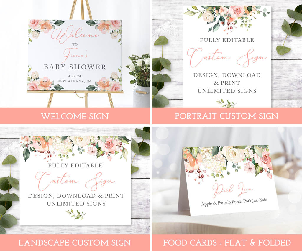 Baby in Bloom printable signs and table decor including signs and food cards in a floral design.