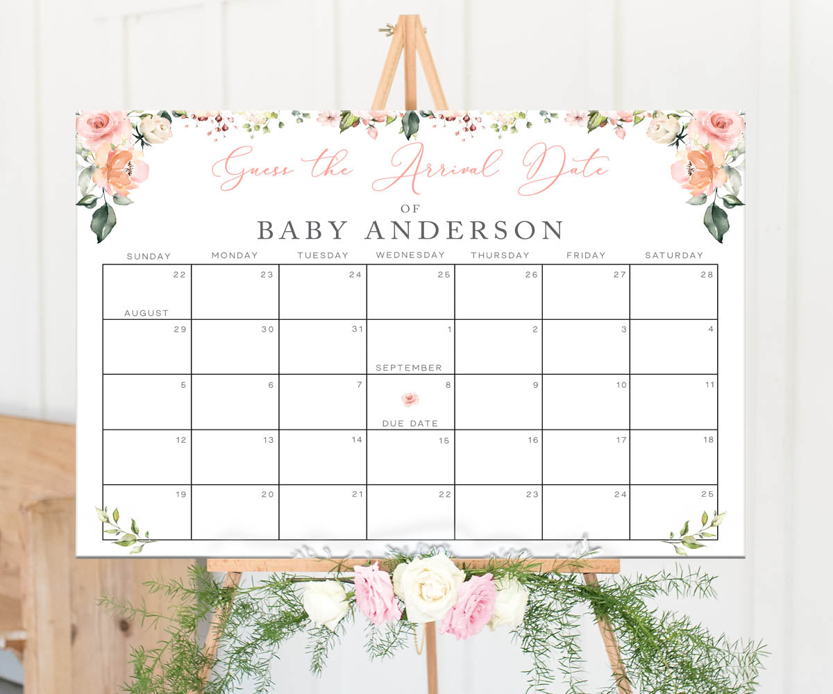 Baby in bloom floral baby shower due date calendar on easel.