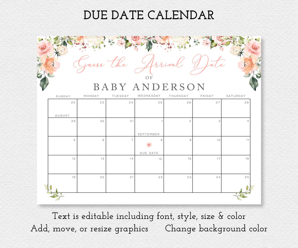 Baby in bloom baby shower floral due date calendar template.