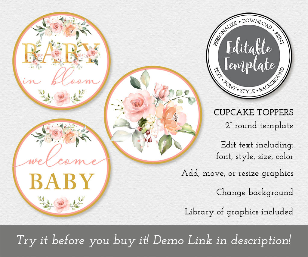 Baby in bloom floral baby shower cupcake toppers, 2 inch round, editable templates.