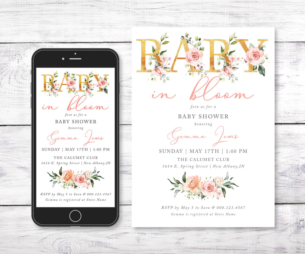 Baby in Bloom floral baby shower invitation and evite shown on a smartphone.