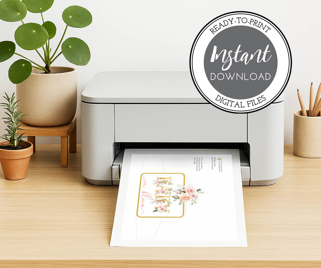 Printable Baby in Bloom floral centerpiece shown printing from home printer – ready-to-print baby shower table decor in PDF and JPG formats.