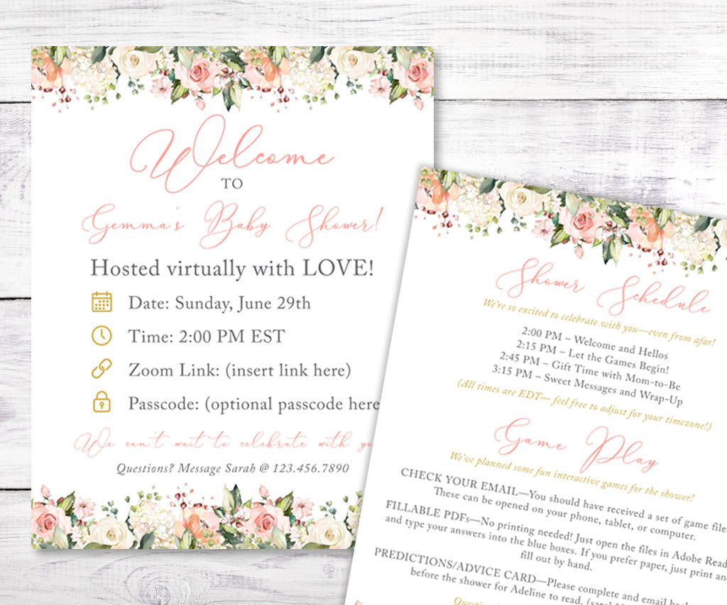 Baby in bloom floral virtual baby shower itinerary.
