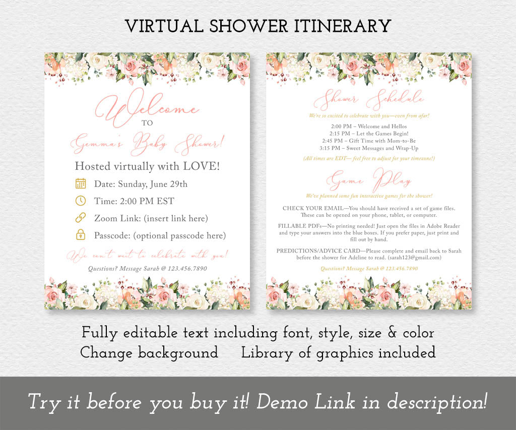 Baby in bloom floral virtual baby shower itinerary editable templates.