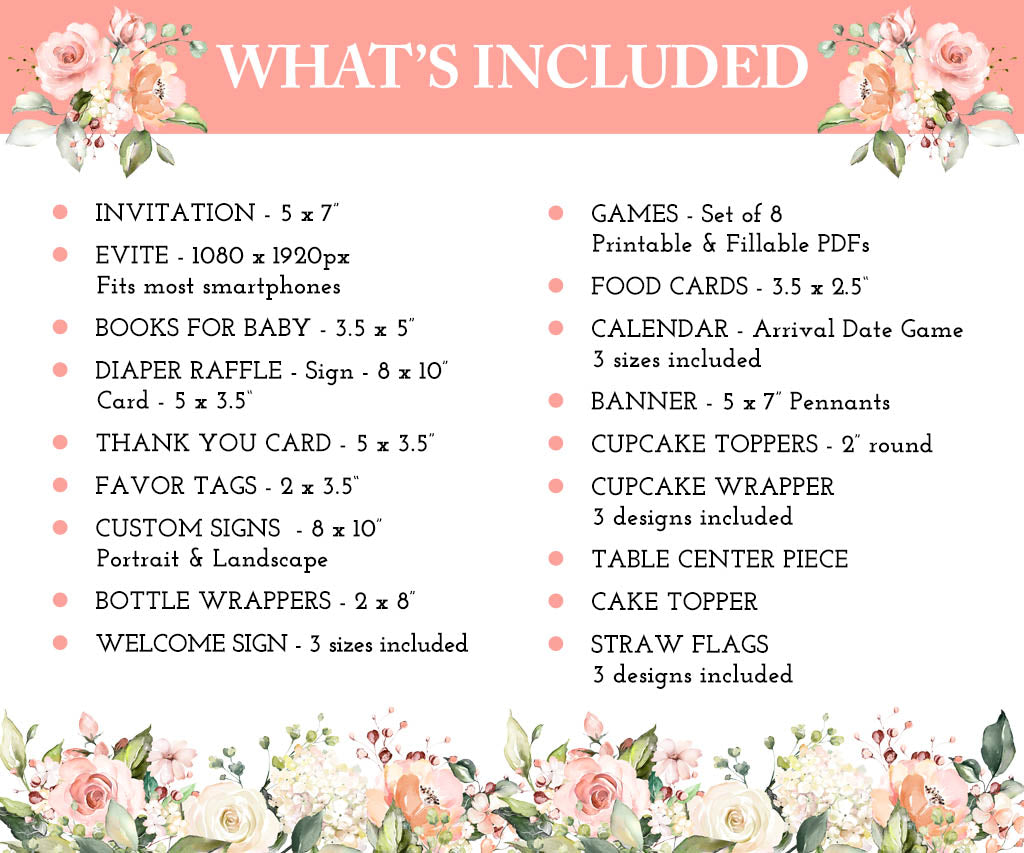 List of items included in a baby in bloom baby shower package with floral decorations on a pink background.