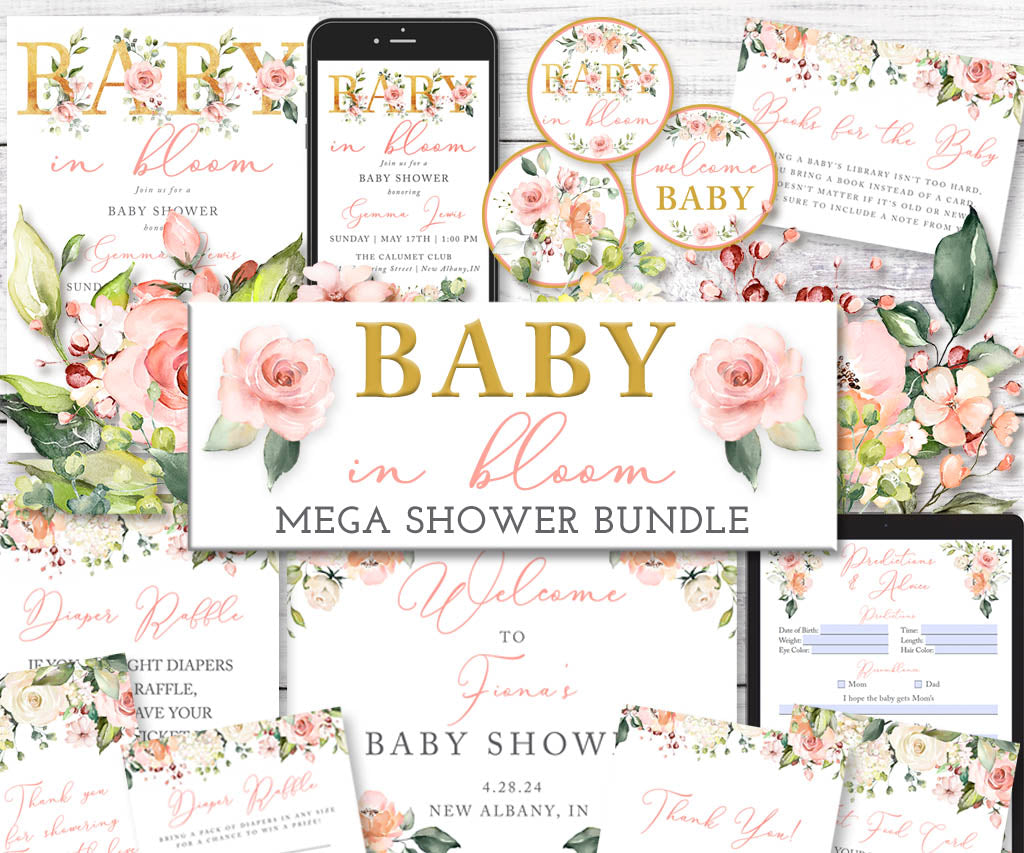 Collage of floral baby shower printables with “Baby in Bloom Mega Shower Bundle” text in the center. Includes invite, evite, tags, signs, games, in blush, peach, and ivory floral watercolor.
