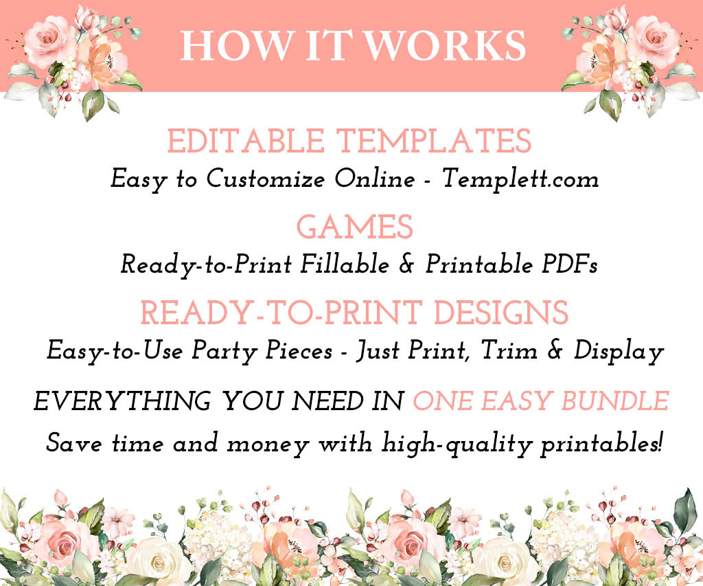 How it works breakdown for the Baby in Bloom printable bundle: templates, games and printable decor for a DIY baby shower.