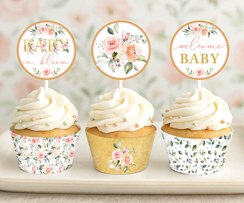 Baby in bloom floral baby shower cupcake toppers and wrappers.