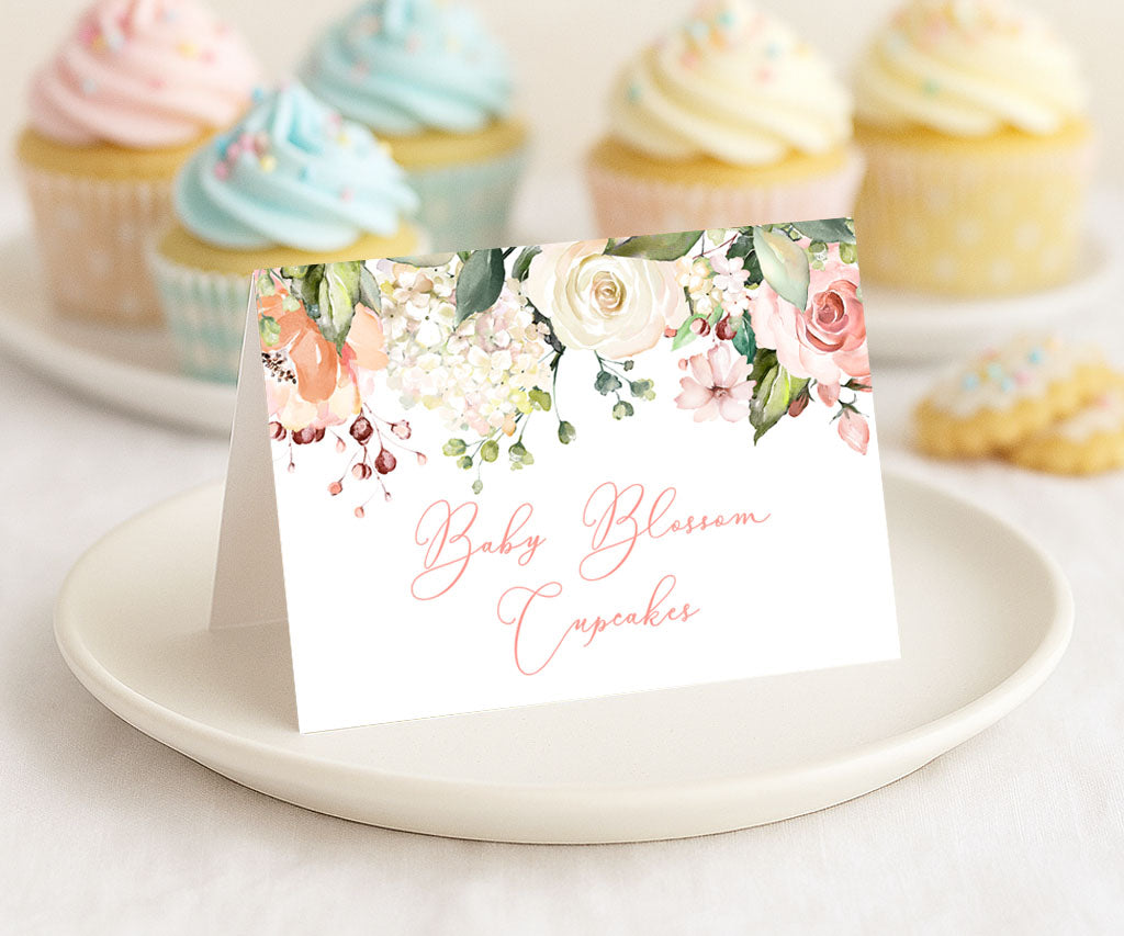 Baby in bloom floral food table tent card.