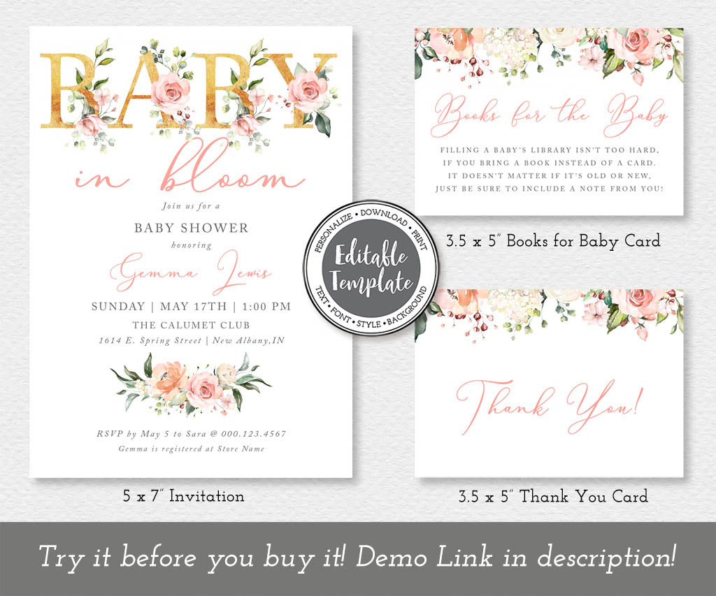 Baby in bloom floral baby shower invitation, books for baby card and thank you card editable templates.