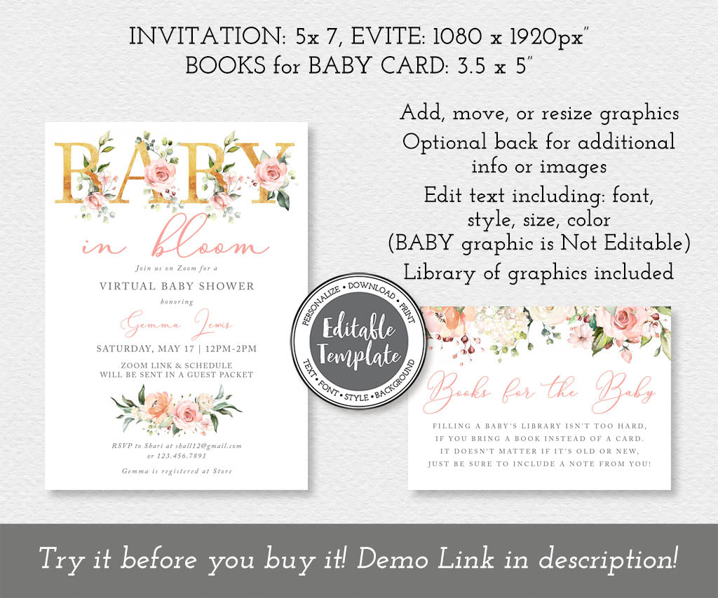 Baby in bloom floral virtual baby shower and books for baby card editable templates.