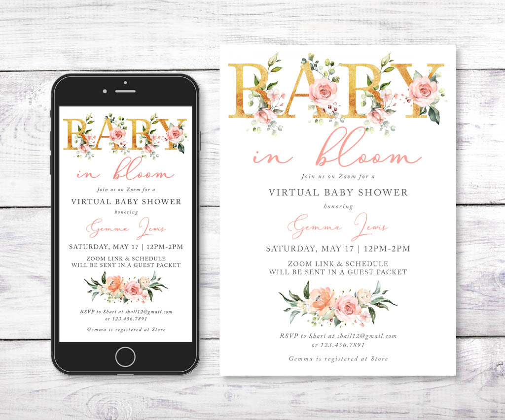Baby in bloom floral virtual baby shower invitation and evite shown on a smartphone.