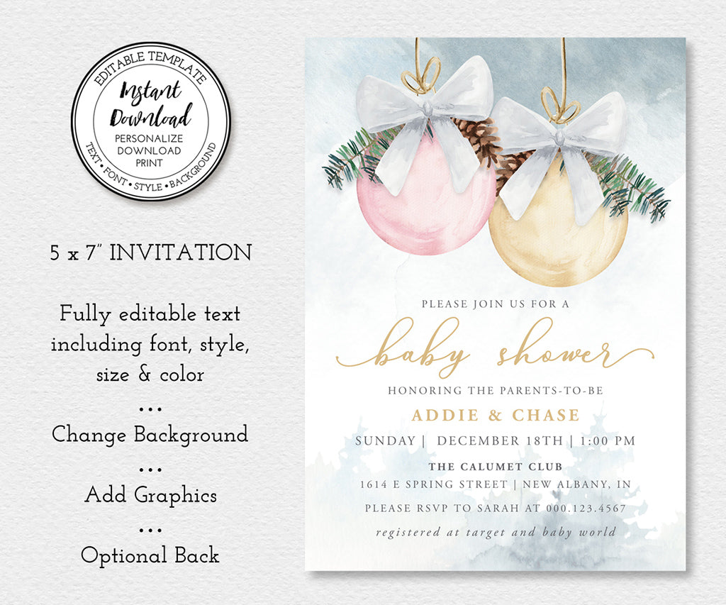 Winter baby shower invitation template for baby girl, pink and gold ornaments with greenery.
