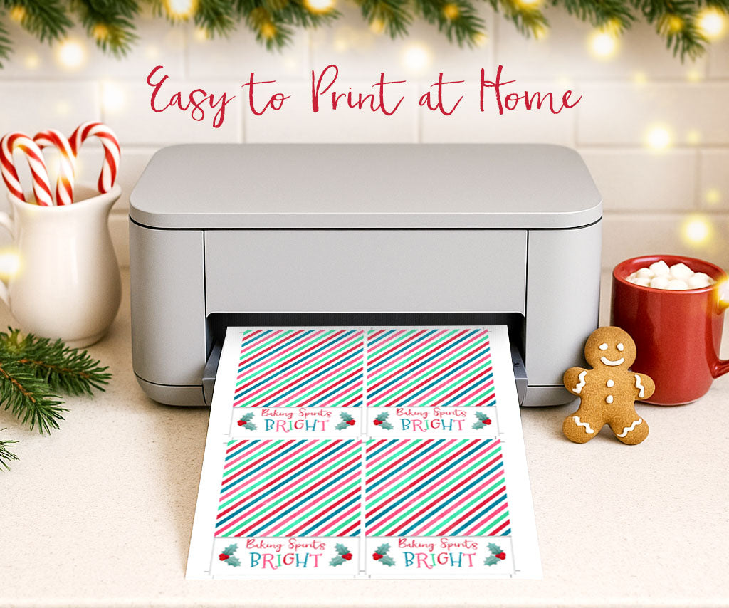 Baking spirits bright Christmas cookie cards printed on a home printer.