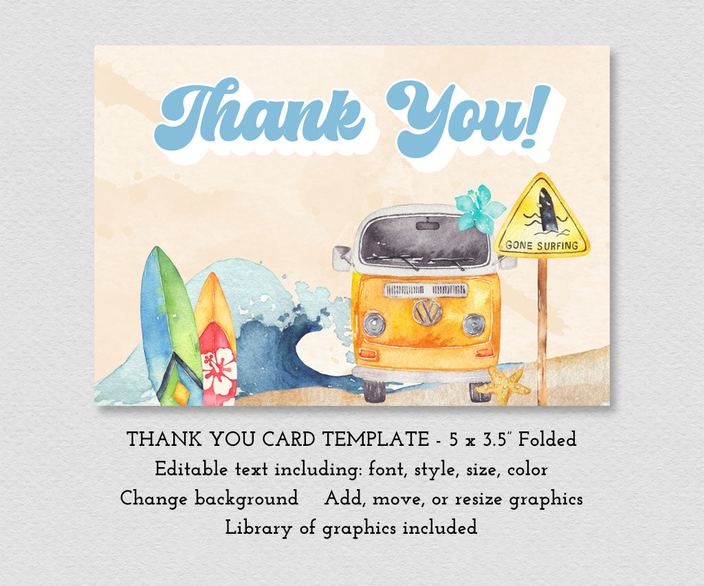 Beach party birthday blue thank you card template featuring ocean waves, surf boards and a retro beach van.