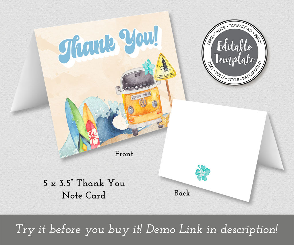 Beach party birthday blue folded thank you card featuring ocean waves, surf boards and a retro beach van.