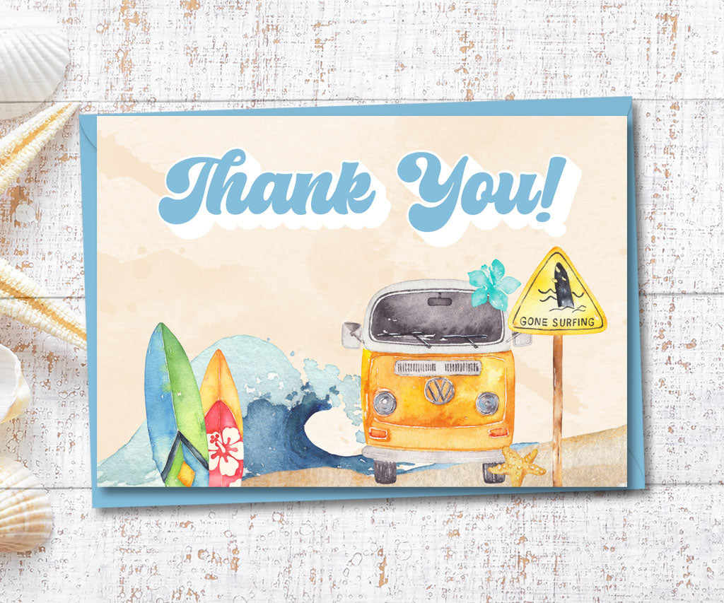 Beach party birthday blue thank you card featuring ocean waves, surf boards and a retro beach van.
