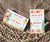 Beach and surf birthday party rectangle favor tags in pink and yellow with tropical flowers, beach and surf board.