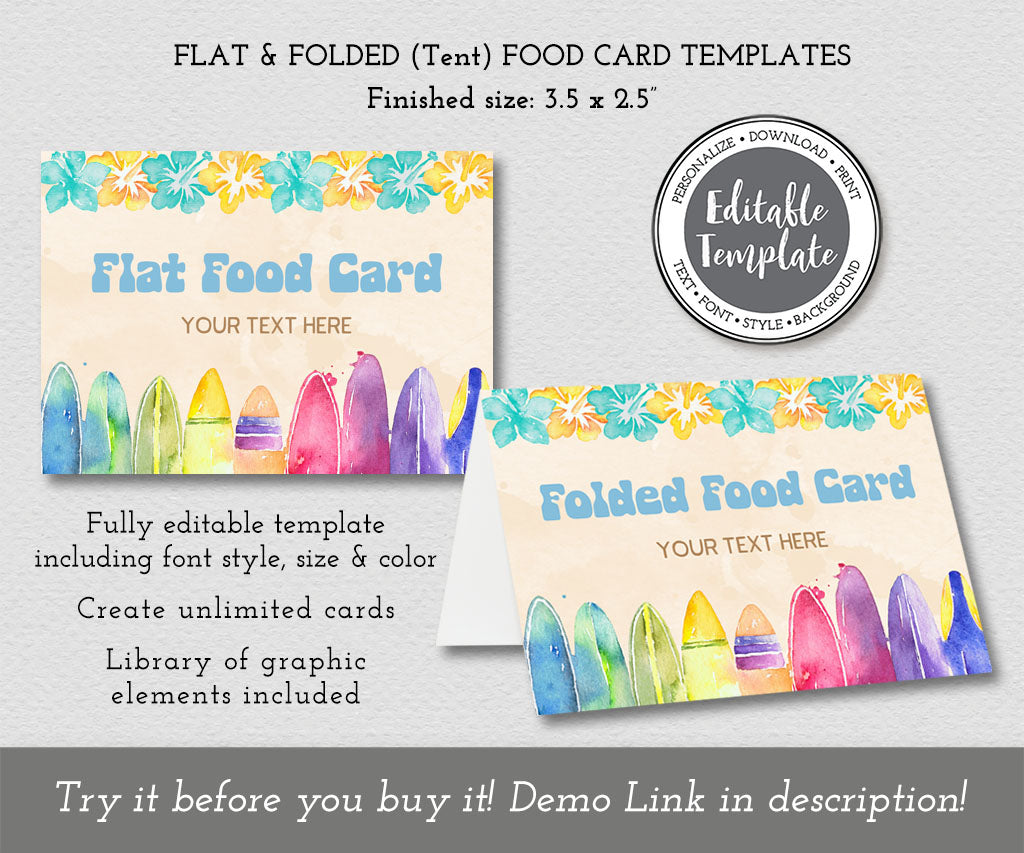 Beach party folded and flat food card templates with teal and yellow flowers and colorful surf boards.