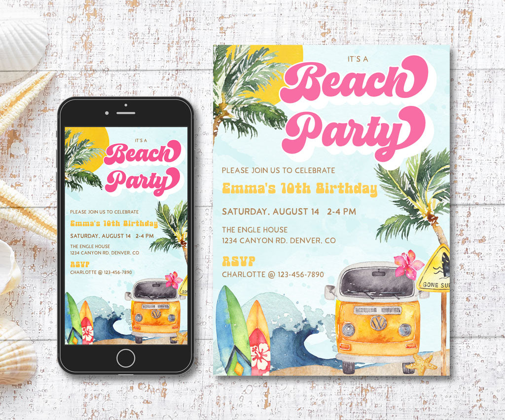 Beach birthday party invitation and evite in pink, yellow and blue with surfboards, ocean waves and retro van.