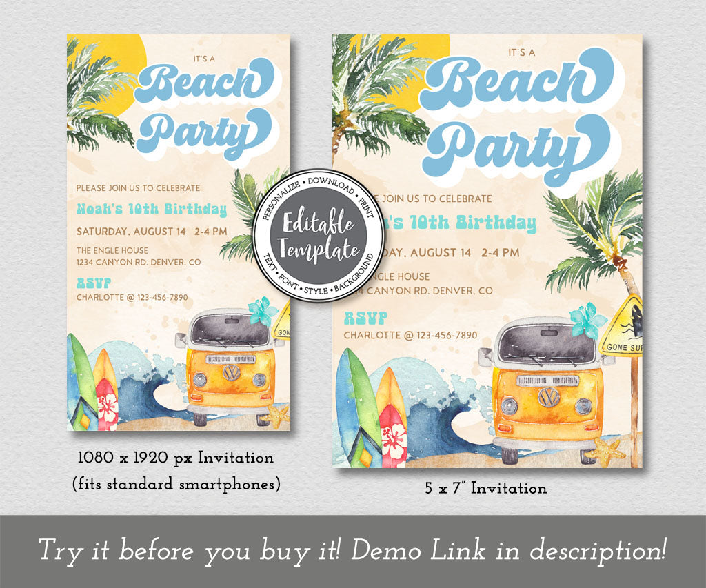 Beach Party Birthday invitation and evite templates in blue and teal with ocean waves, surfboards tropical trees and beach van.
