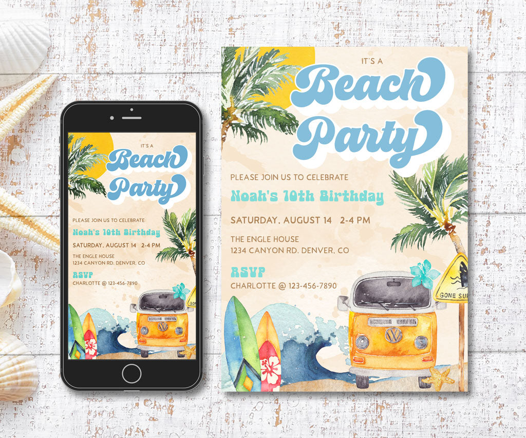 Beach Party Birthday invitation and evite in blue and teal with ocean waves, surfboards tropical trees and beach van.