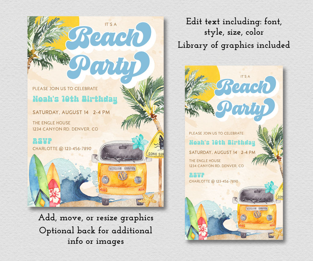 Beach Party Birthday invitation and evite editable templates in blue and teal with ocean waves, surfboards tropical trees and beach van.
