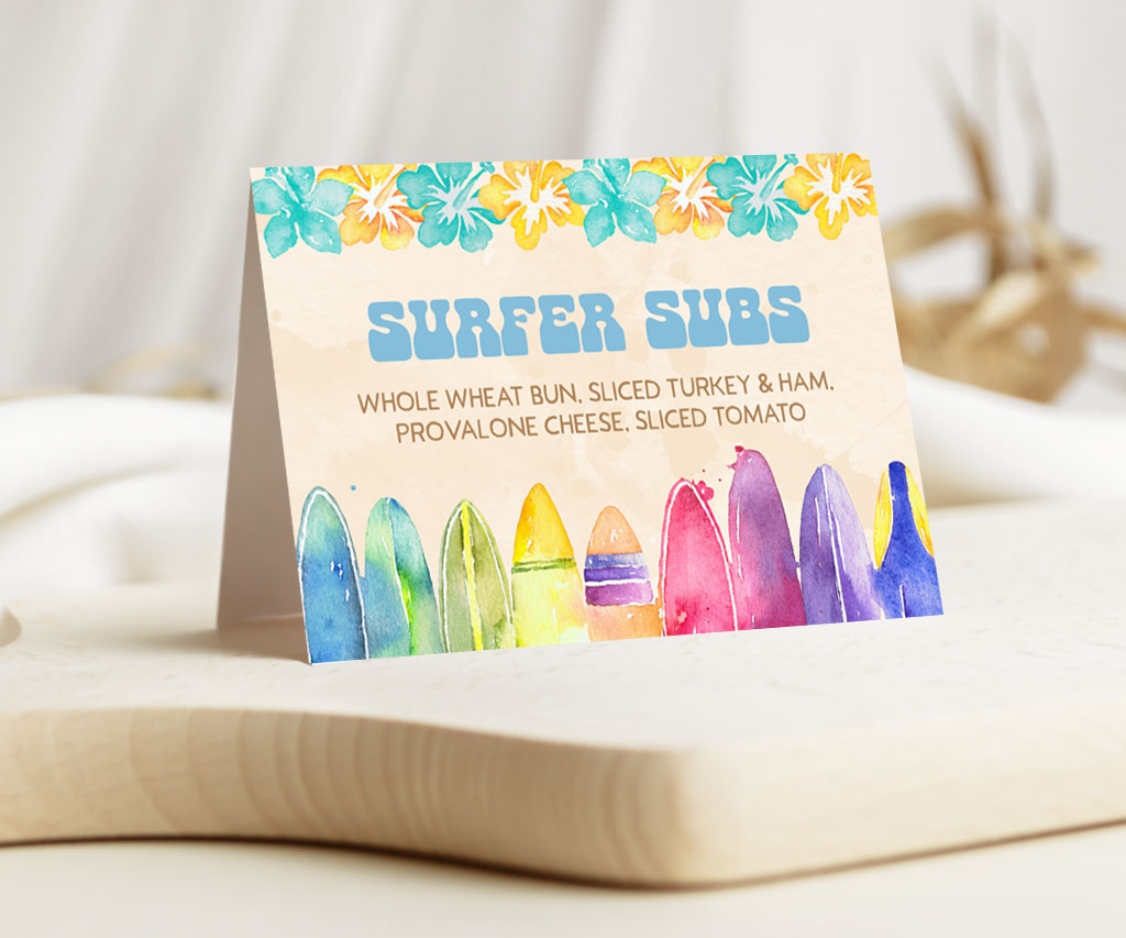Beach party folded food card with teal and yellow flowers and colorful surf boards.