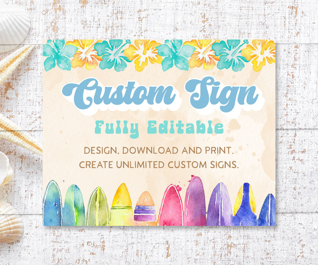 Beach and surf birthday landscape custom sign with yellow and teal flowers with colorful surfboards.