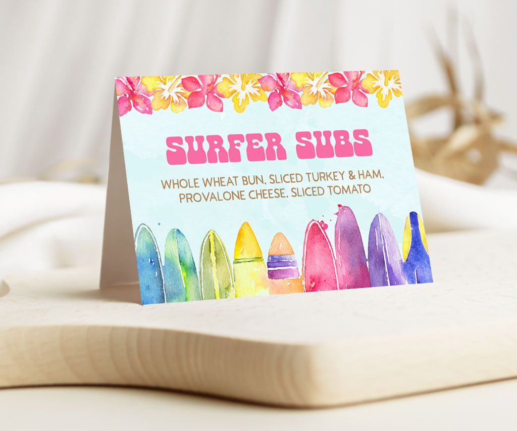 Beach and surfer theme birthday folded food card with pink and yellow tropical flowers and surf boards.